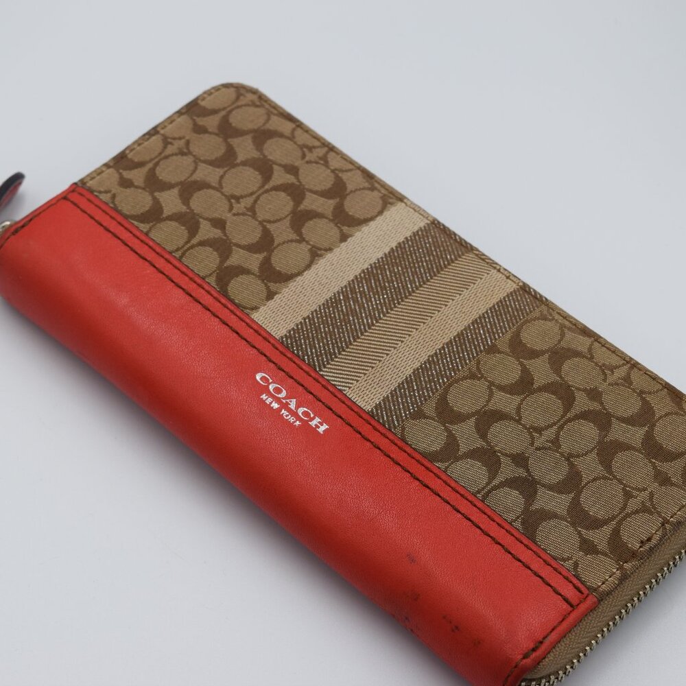 Coach Red Leather and Signature Brown Canvas Long Zip Around Wallet